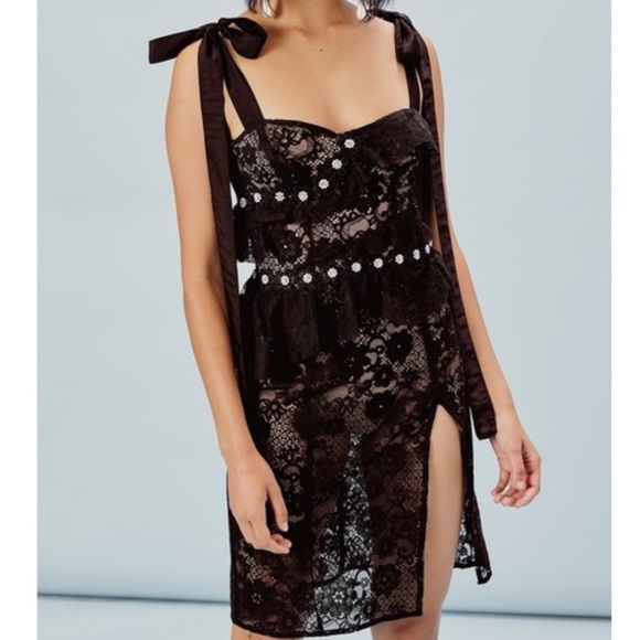For Love & Lemons Fabienne Lace Slit Embellished Tie Sleeve Mini Dress - Picture 3 of 6